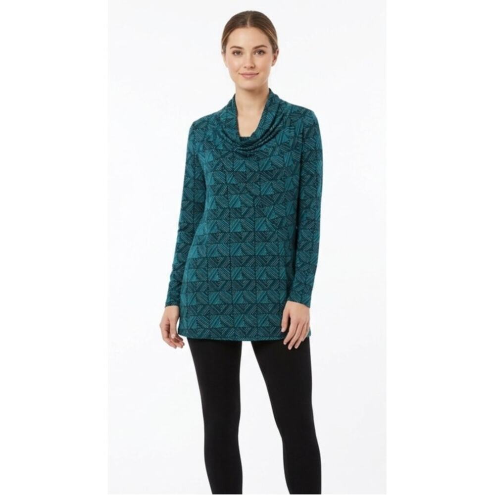 RAFAELLA Women's Top Blouse Large Polyester Spandex Lightweight Teal Gray Black